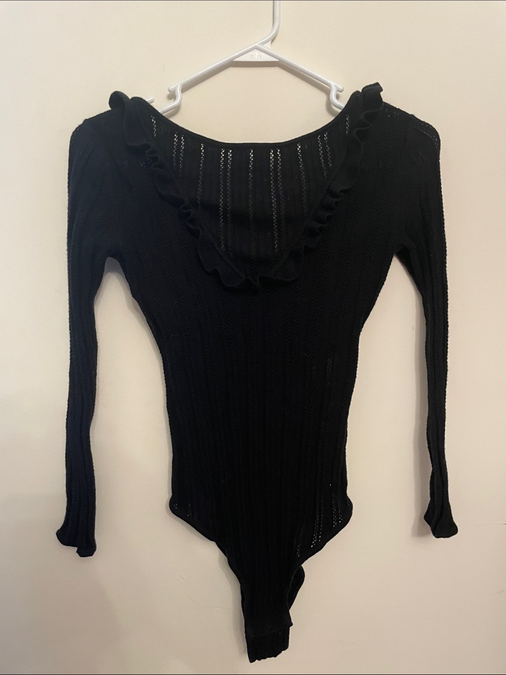 Sezane Black Ruffled V-Neck Long Sleeve Bodysuit Wool & Cotton Size Small